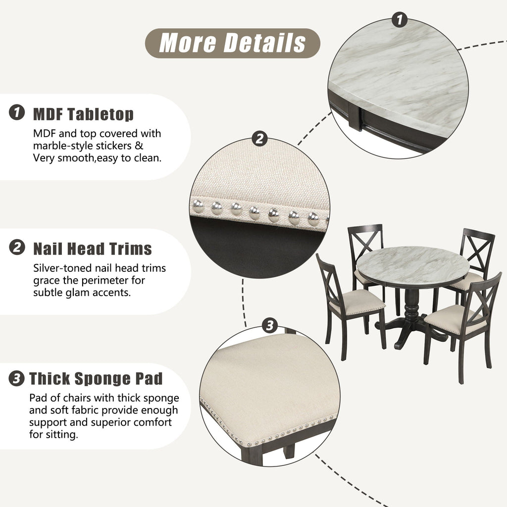 5-Piece Solid Wood Dining Set — White or Dark Gray