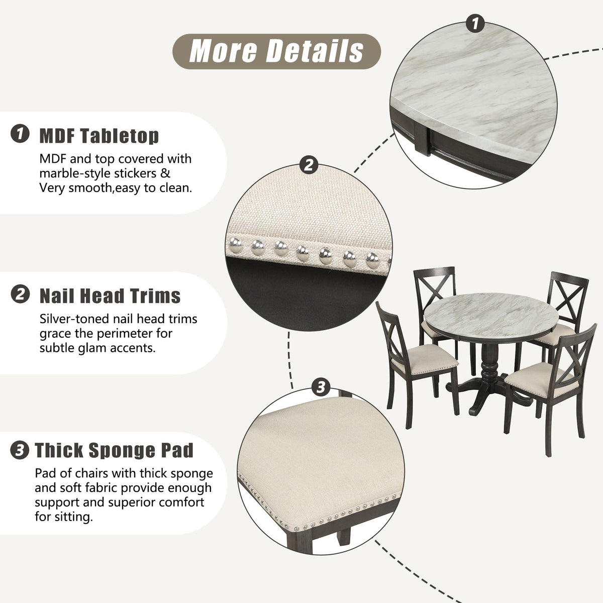 5-Piece Solid Wood Dining Set — White or Dark Gray