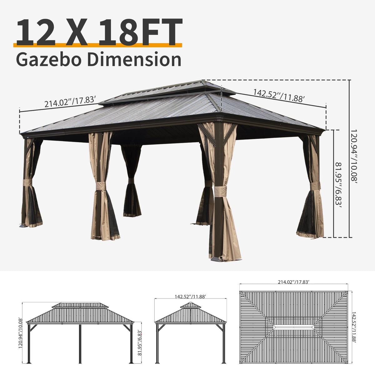 12' x 18' Hardtop Gazebo with Drainage System - Aluminum