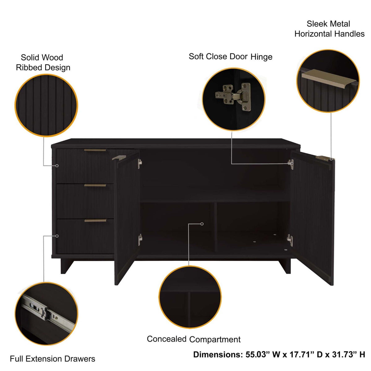 Granville Sideboard with Full Extension Drawers - Multiple Colors
