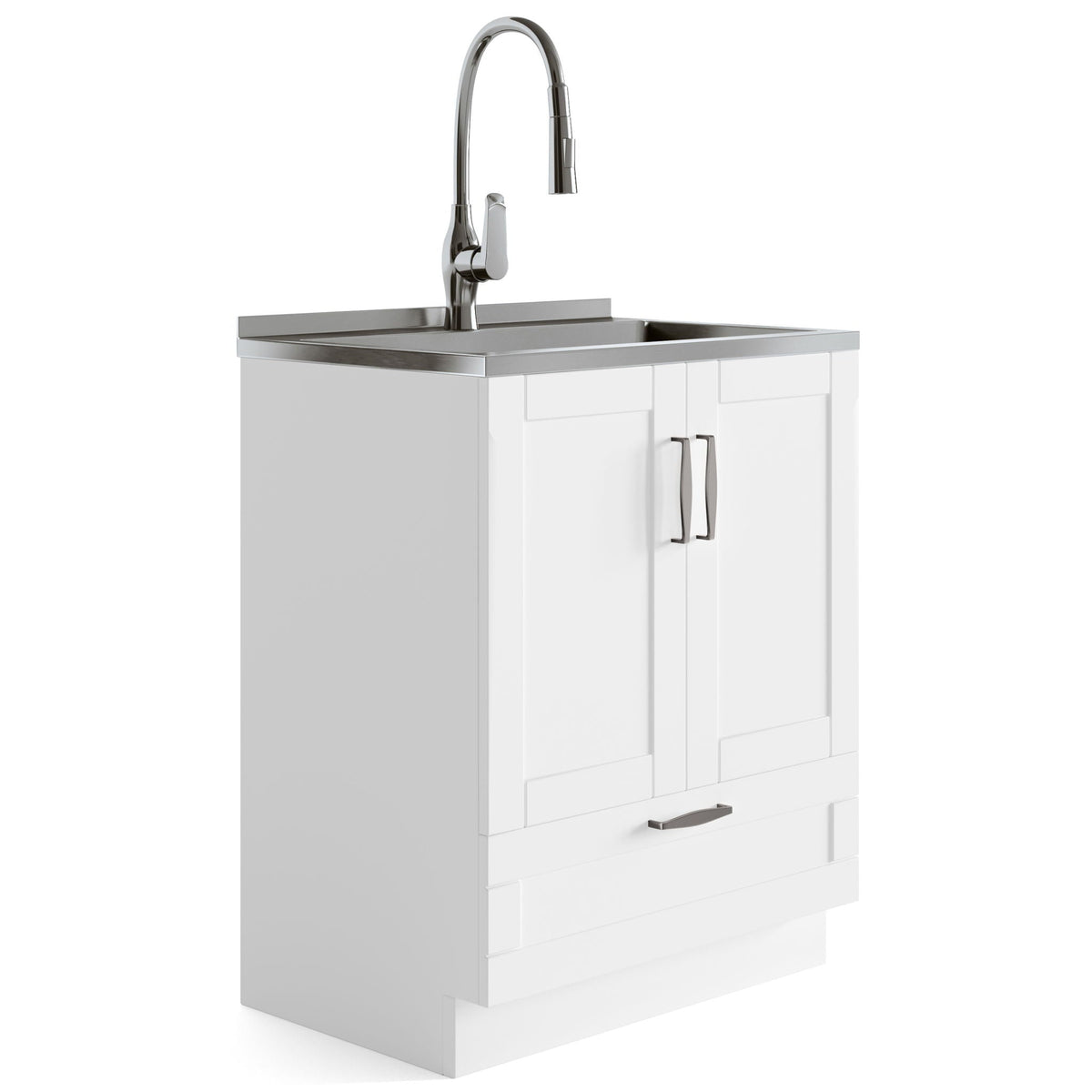 Deluxe Laundry Cabinet with Pull-Out Faucet and Stainless Steel Sink - White
