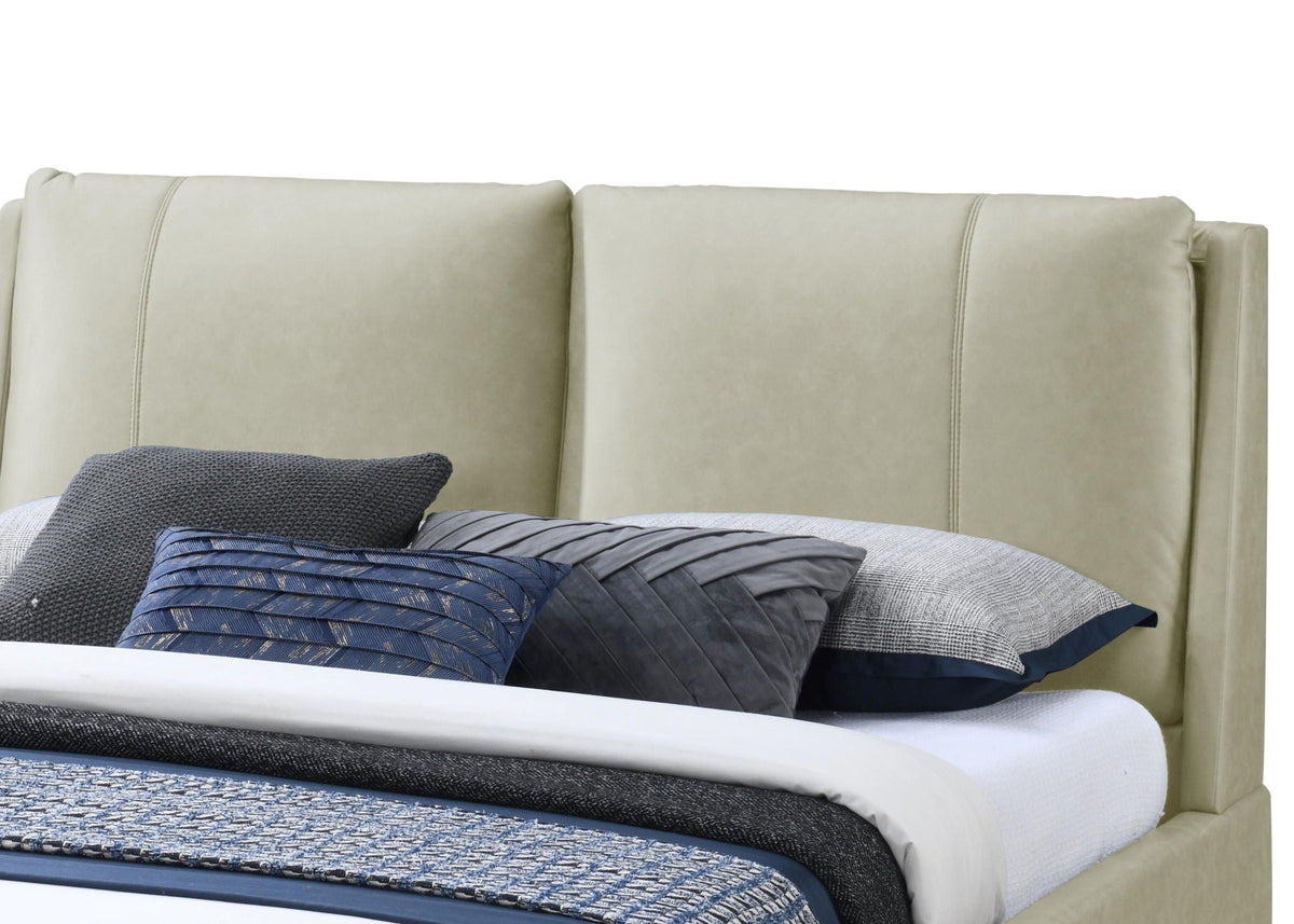 Fully Upholstered Bed with Large Pillowed Headboard - Light Blue or Light Brown