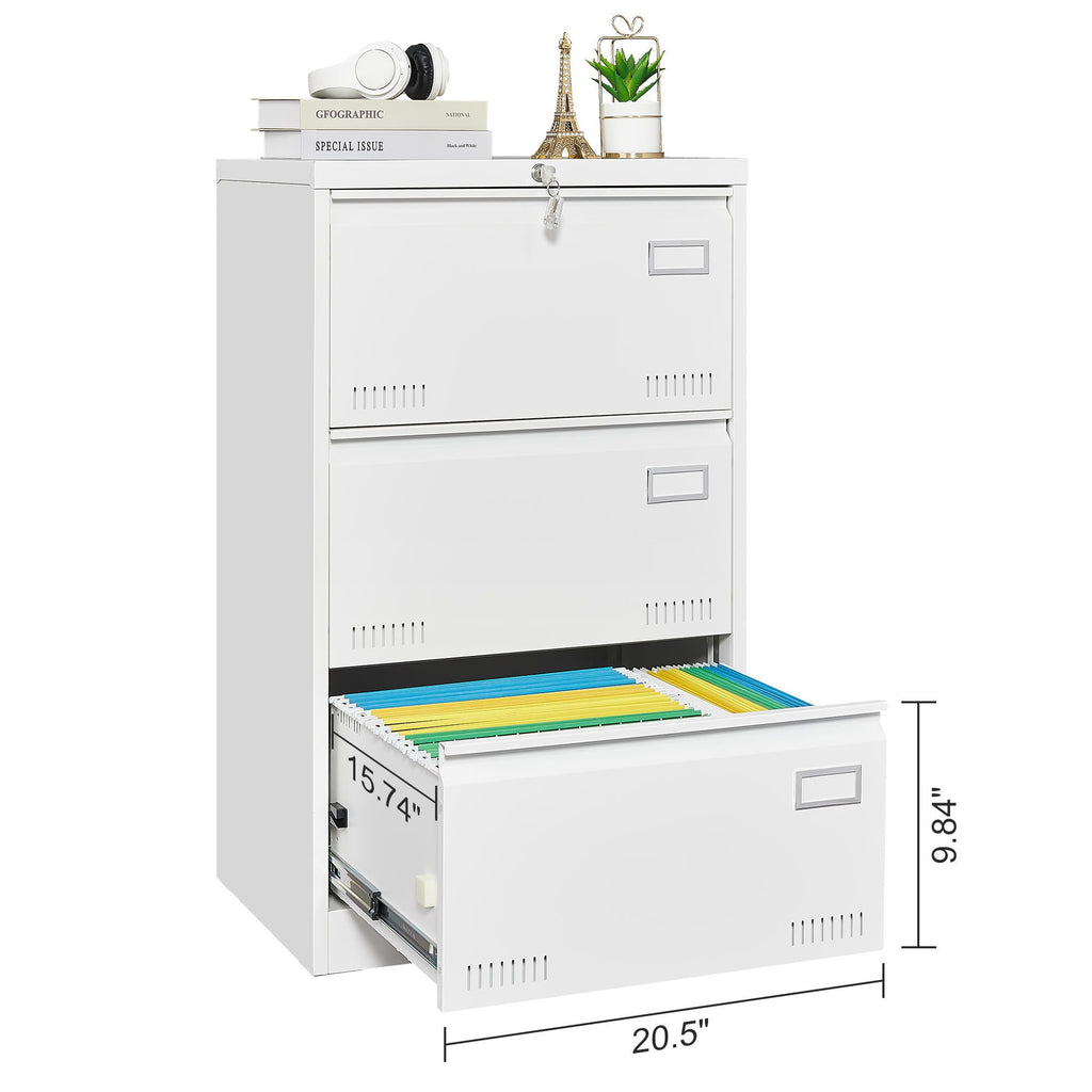 Locking Metal Filing Cabinet 3 Drawer - Multiple Sizes, Black or White