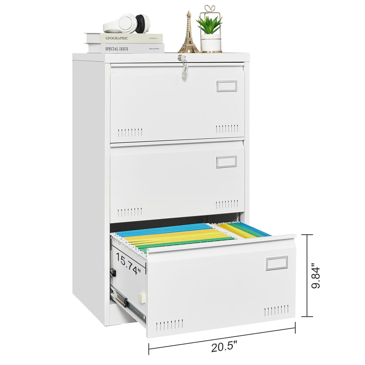 Locking Metal Filing Cabinet 3 Drawer - Multiple Sizes, Black or White