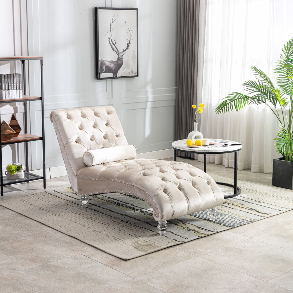 Velvet Button Tufted Chaise Lounge with Pillow - Multiple Colors