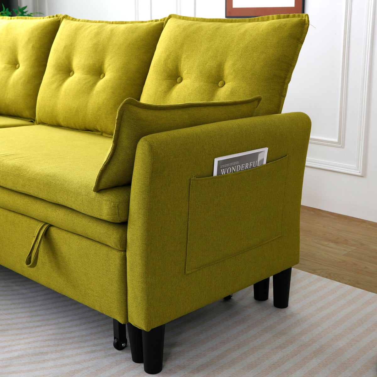 Reversible Chaise Sleeper Sectional Sofa with Storage - Cotton-Linen Upholstery