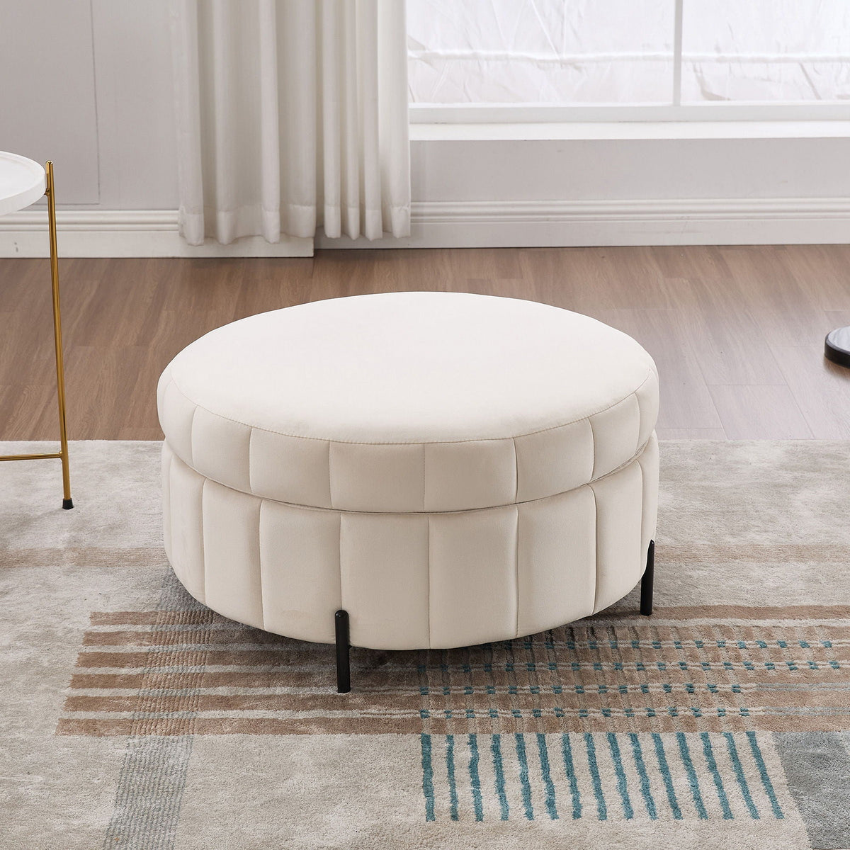 Upholstered Storage Ottoman with Reversible Lid - Channel Tufted Pumpkin Shape