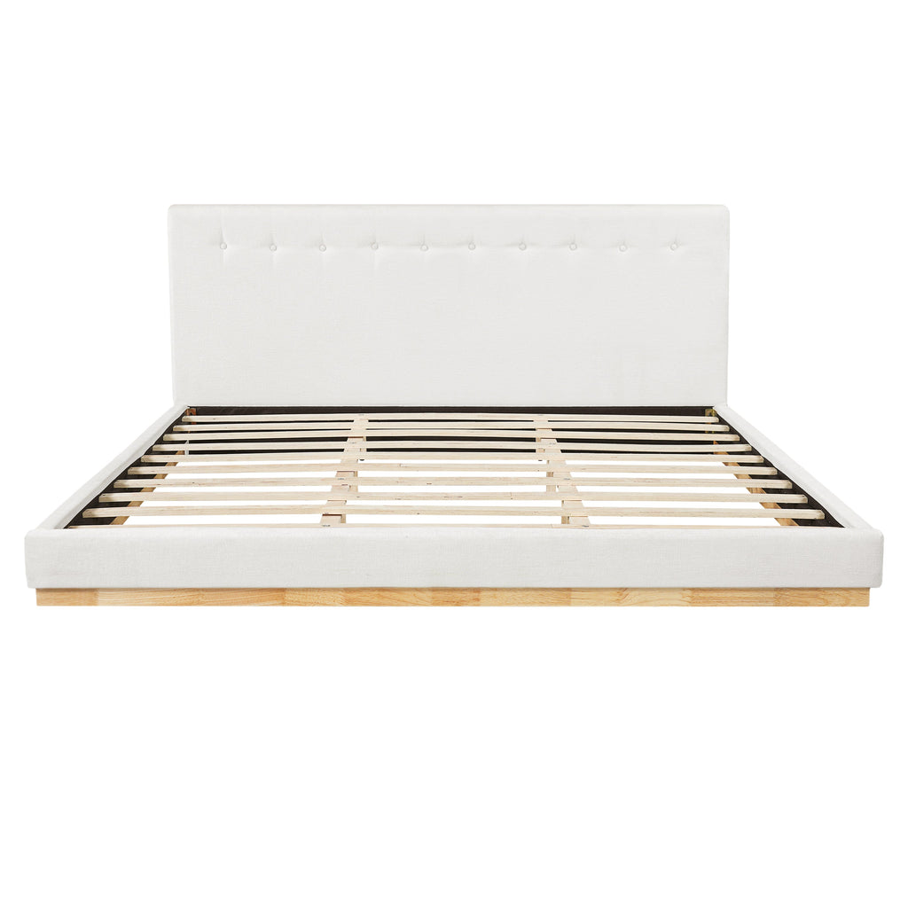 Solid Rubber Wood Platform Bed with Upholstered Headboard - White