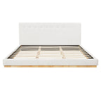 Solid Rubber Wood Platform Bed with Upholstered Headboard - White