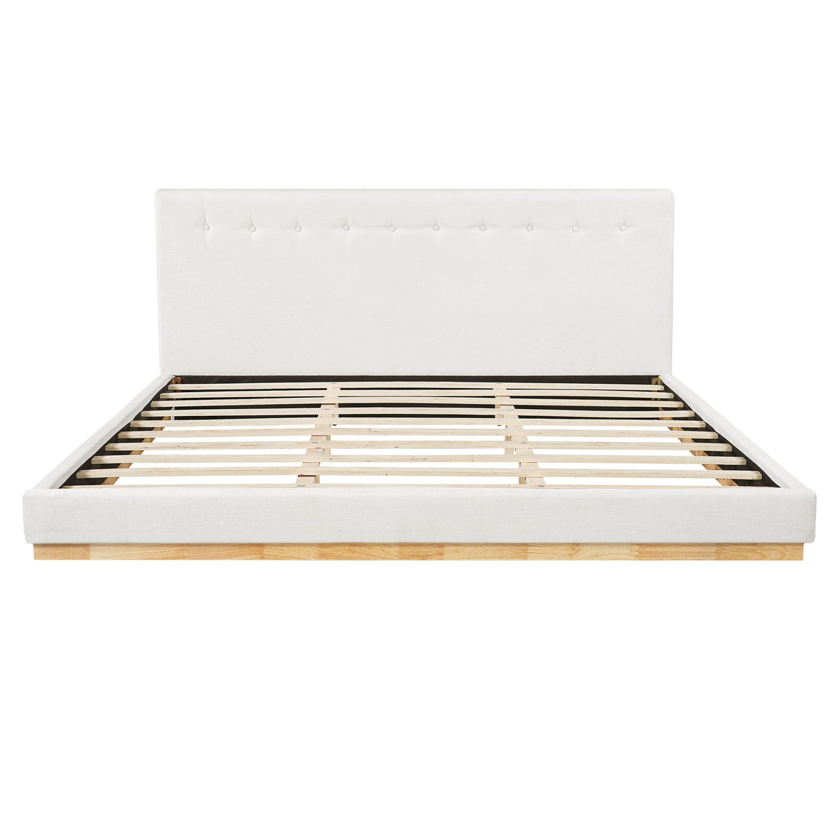 Solid Rubber Wood Platform Bed with Upholstered Headboard - White