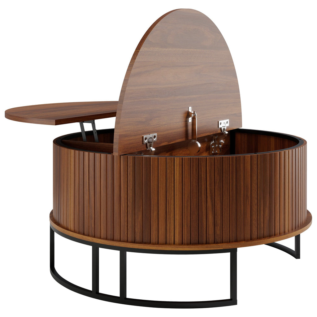 31.5" Round Coffee Table with Fluted Lift-Top Storage - Walnut