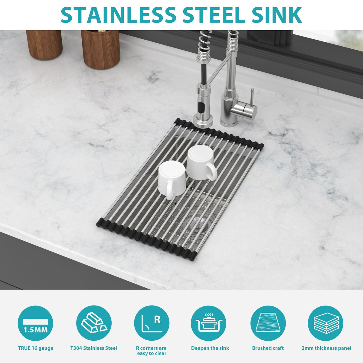 Gray Undermount Steel Kitchen Sink with Deep Single Bowl Basin