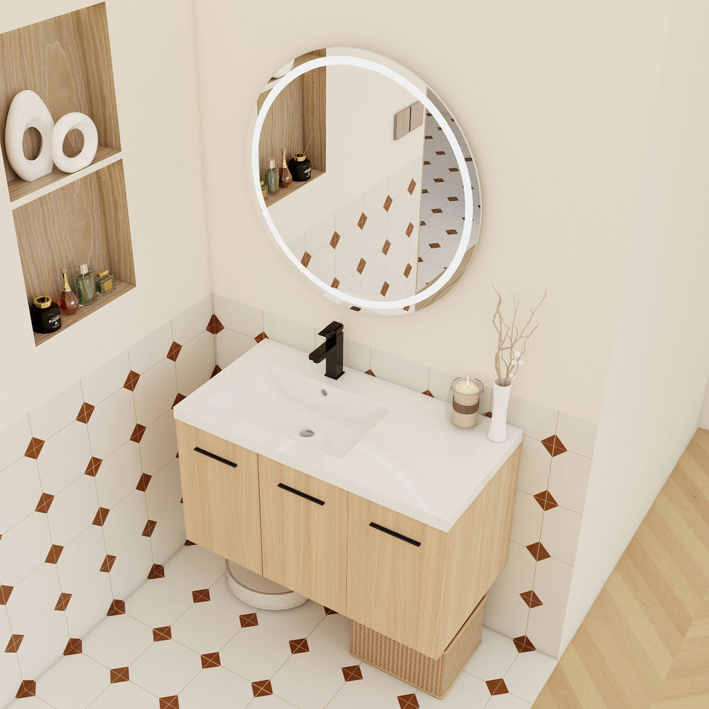 Wall Mounted Floating Bathroom Vanity with Modular 3-Door Cabinet - Light Brown