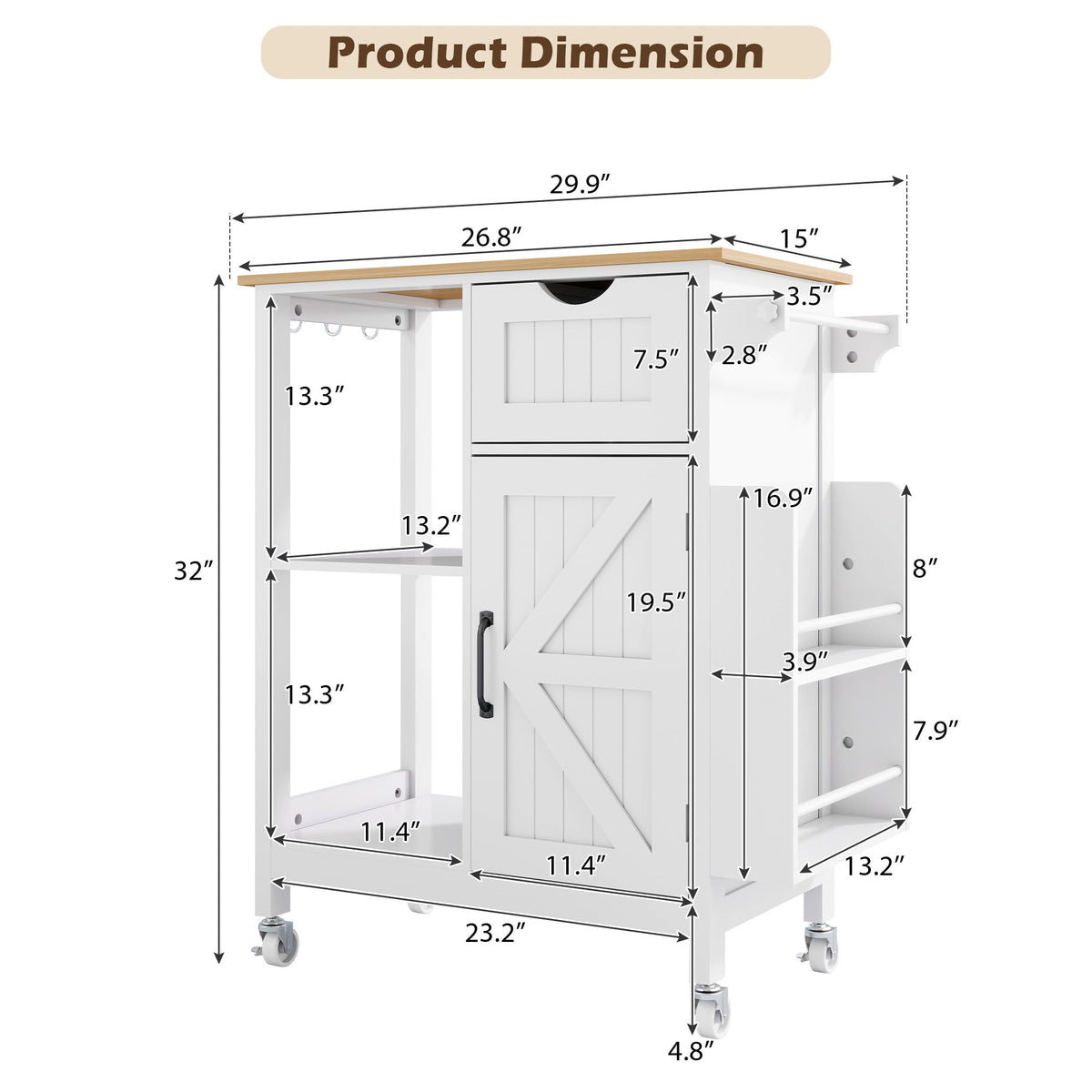 Kitchen Island Cart with Mobile Storage Cabinets - MDF & Metal