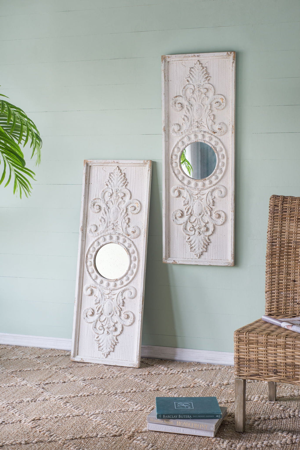 Large Wooden Wall Art Panels with Distressed Round Mirror Accents - White