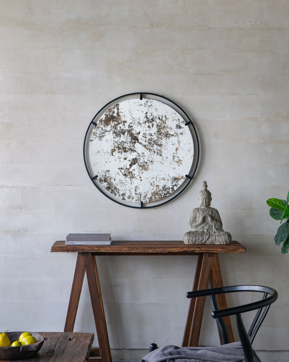 Round Industrial Wall Mirror with Metal Frame - Black