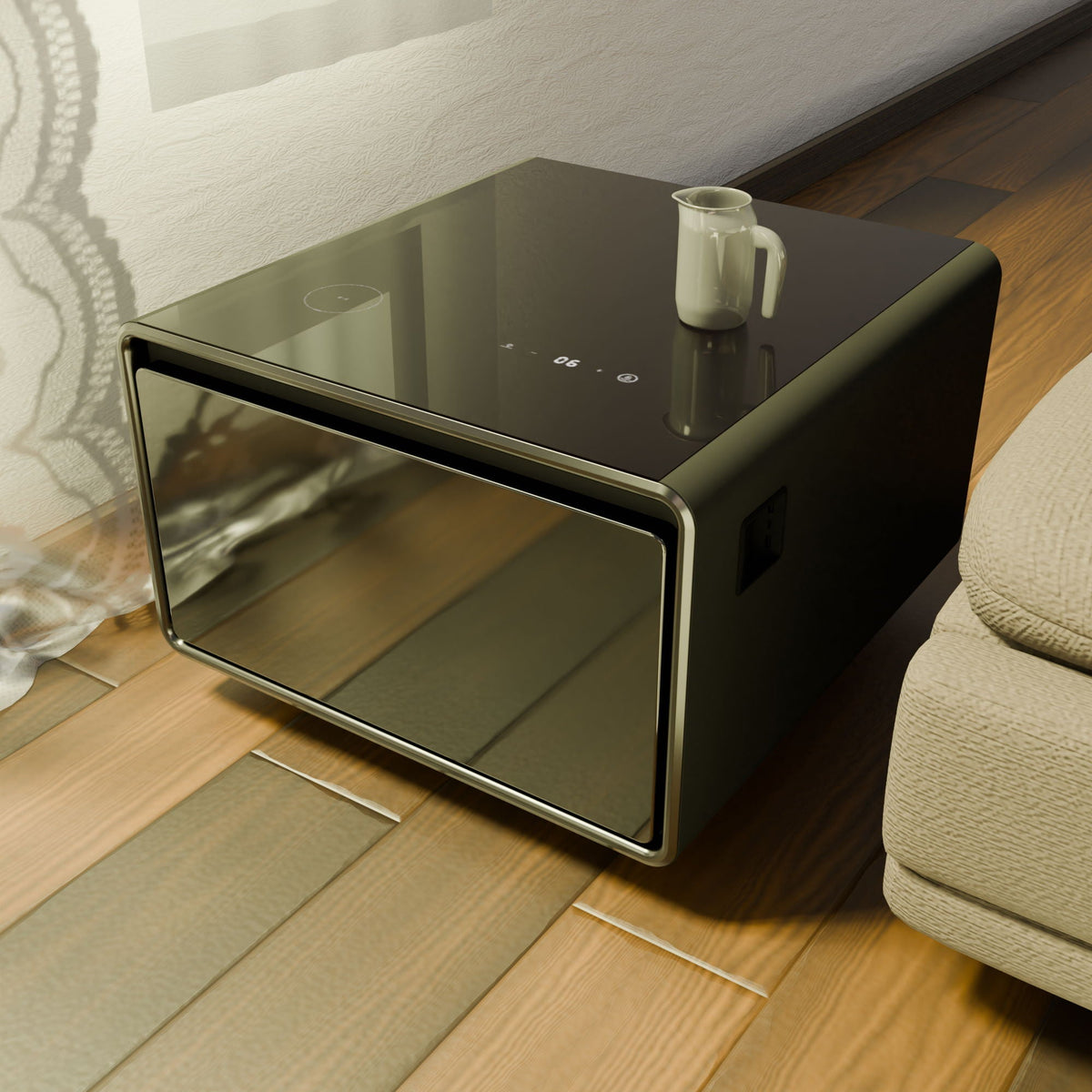 Modern Smart Side Table with Built-In Fridge and Wireless Charging - Black or White