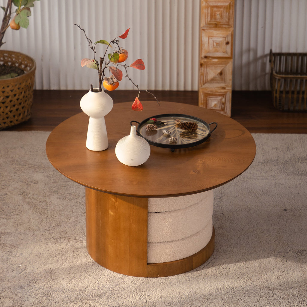 31.5" Round Wood Coffee Table with 3 Teddy Fabric Nesting Stools - Walnut