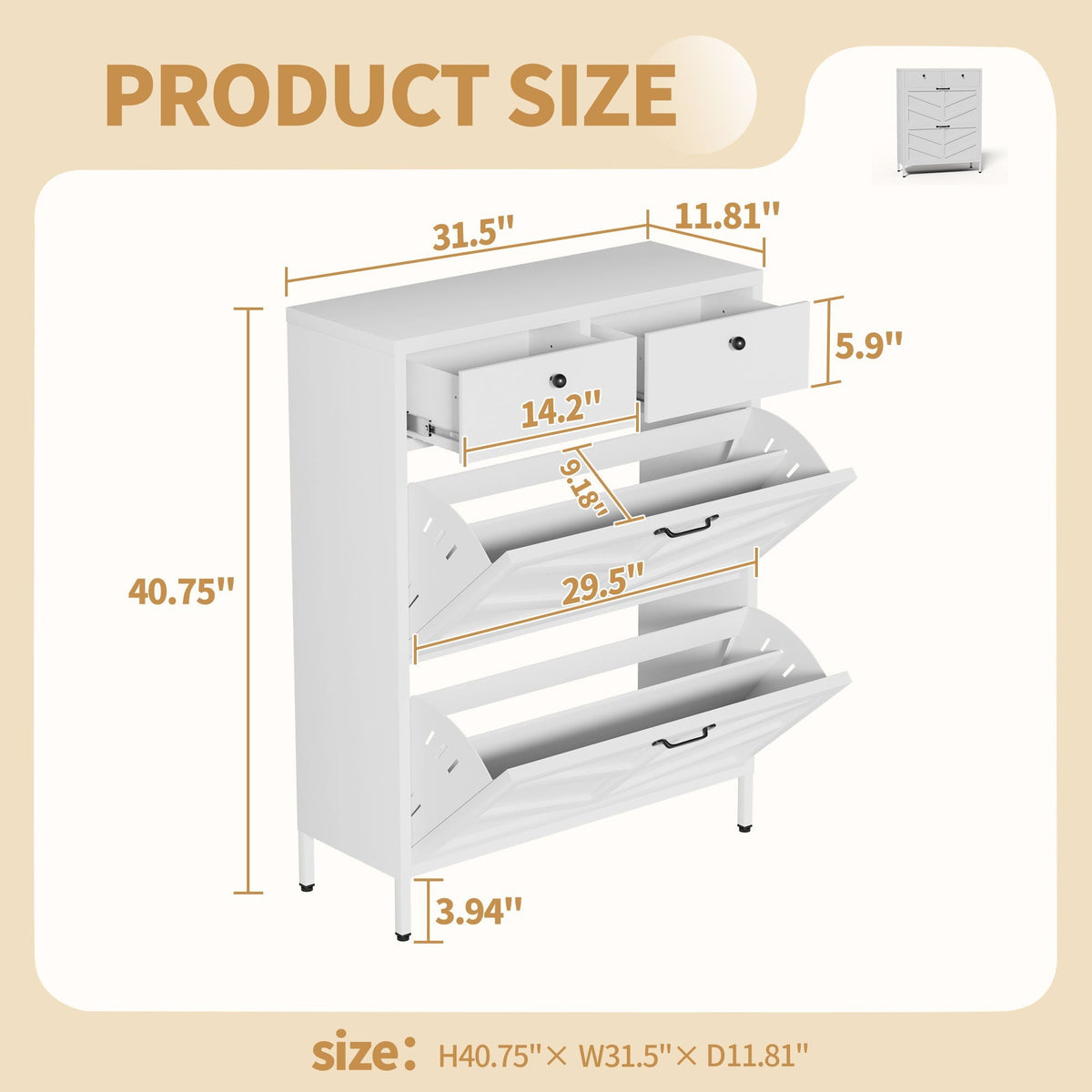 White Steel Shoe Cabinet with Flip Drawers - Adjustable Dividers
