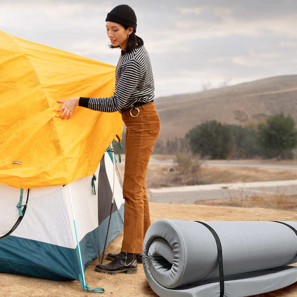 Memory Foam Camping Mattress with Water-Resistant Zipper Cover - Gray