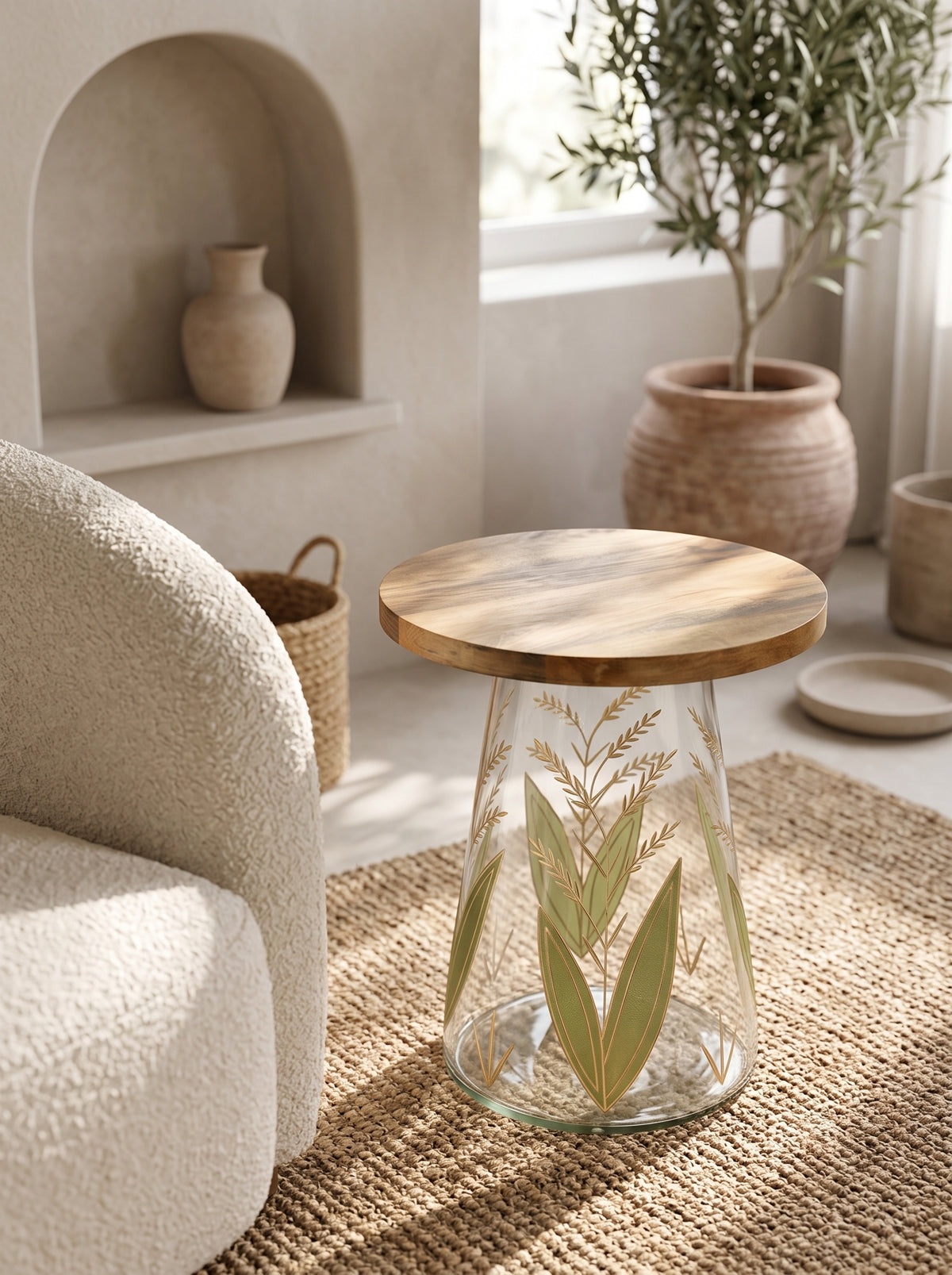 Round Glass Side Table with Hand-Painted Glass Base and Wood Top