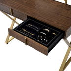 Walnut Vanity Desk with Mirror & Jewelry Tray - Gold Finish
