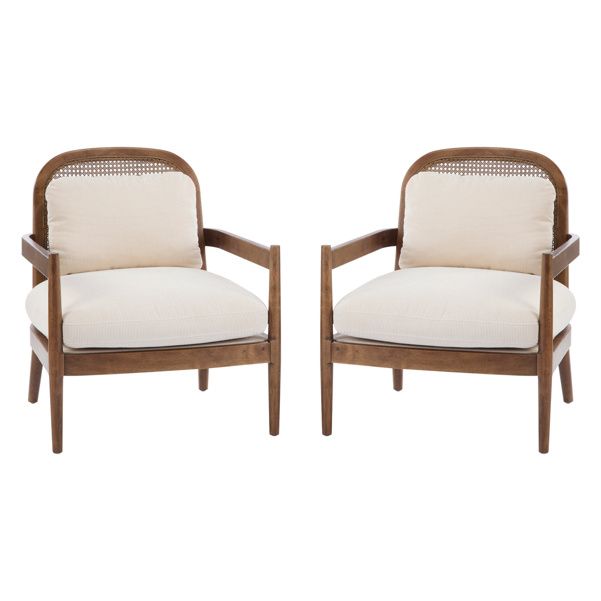 Mid-Century Modern Accent Chairs with Solid Wood & Rattan Back - Set of 2