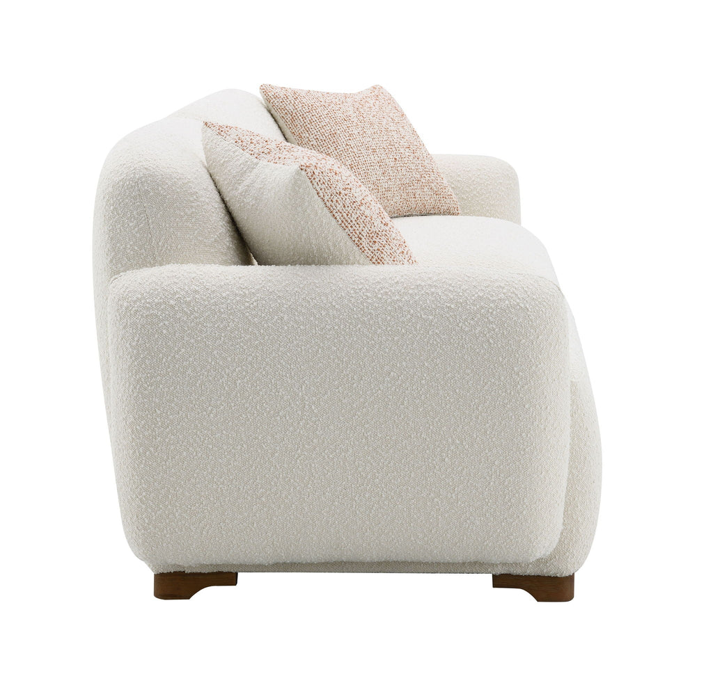Beige Boucle Stationary Sofa with 2 Toss Pillows