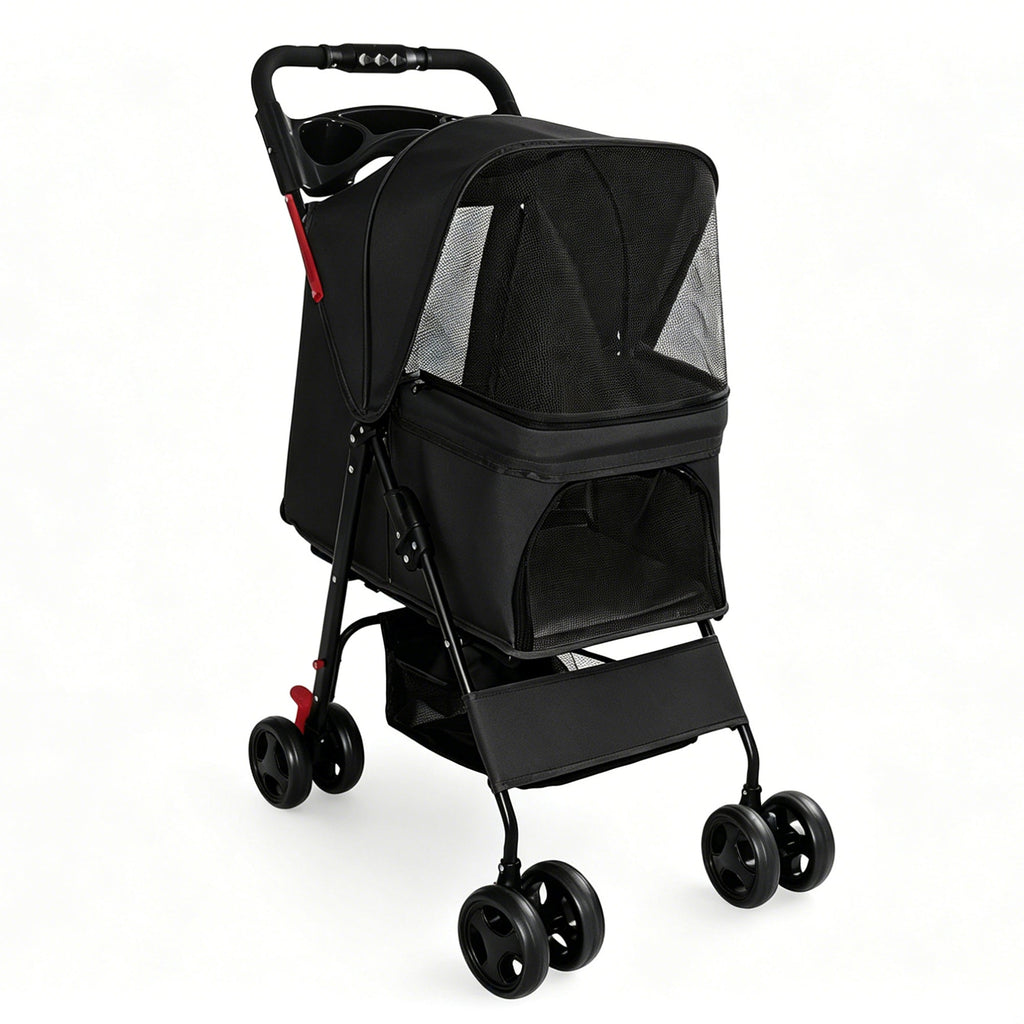 Foldable Pet Stroller with Mesh Panels and Storage Basket - Black, Pink, or Blue