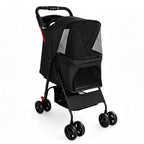 Foldable Pet Stroller with Mesh Panels and Storage Basket - Black, Pink, or Blue