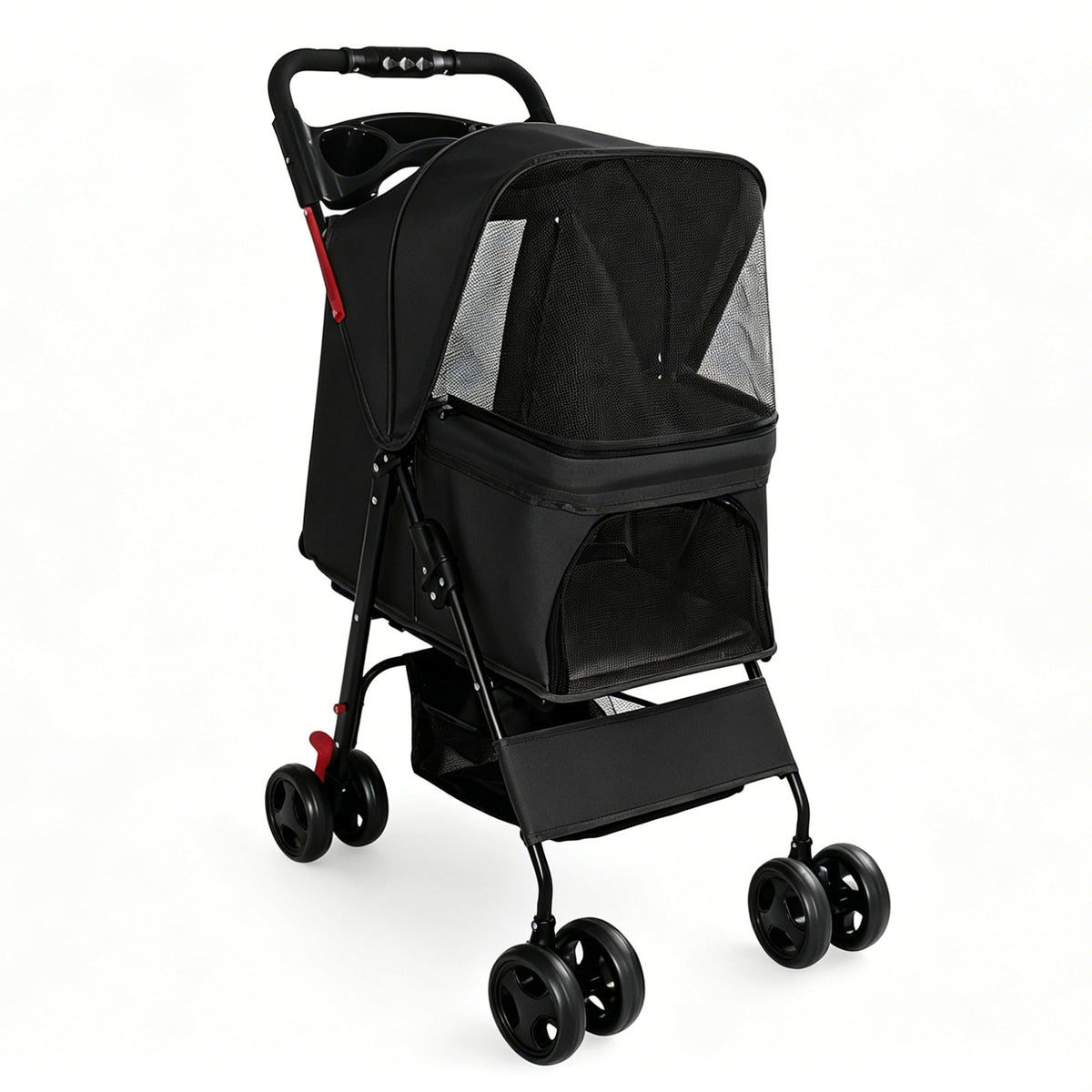 Foldable Pet Stroller with Mesh Panels and Storage Basket - Black, Pink, or Blue