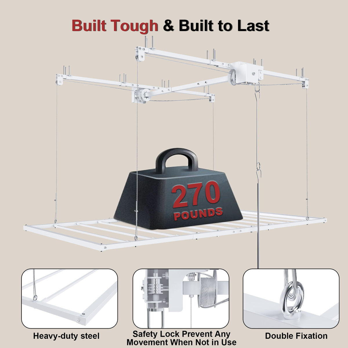 Overhead Garage Storage Rack with Crank System - Black or White