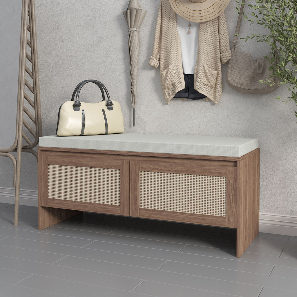 Storage Bench with Cushion and Rattan Doors - Antique Natural