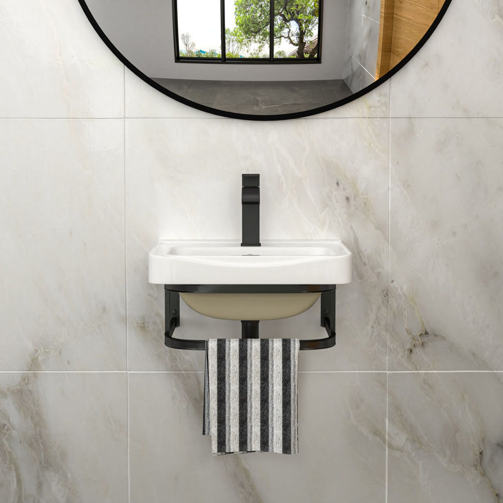 Wall Mounted Bathroom Sink with Towel Bar & Overflow - White / Black