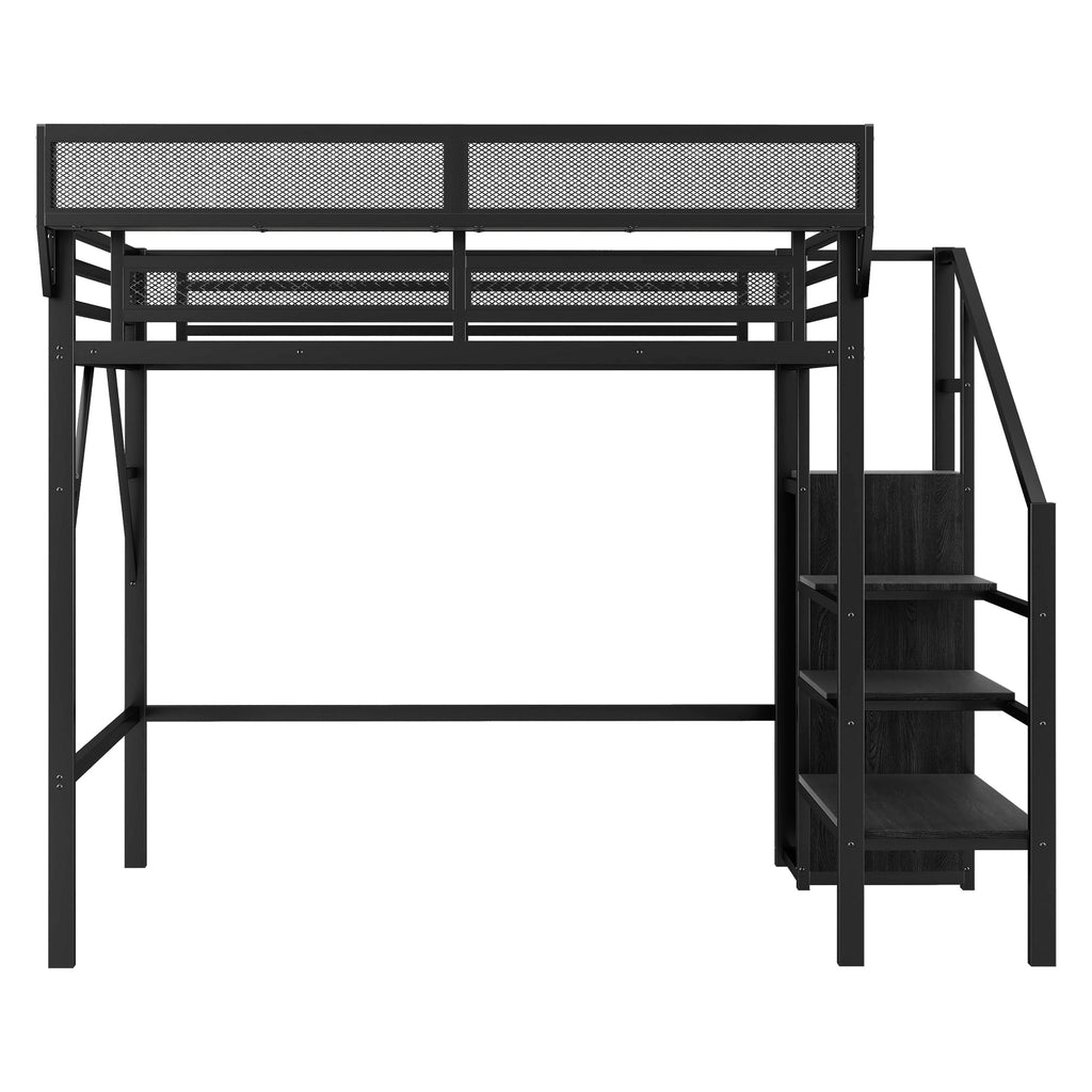 Twin Size Loft Bed with Stairs and Storage Shelves