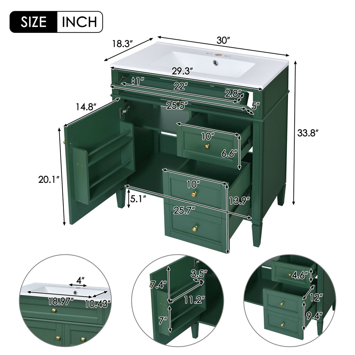 Bathroom Vanity with Ceramic Top Sink and Storage Drawers - Multiple Colors