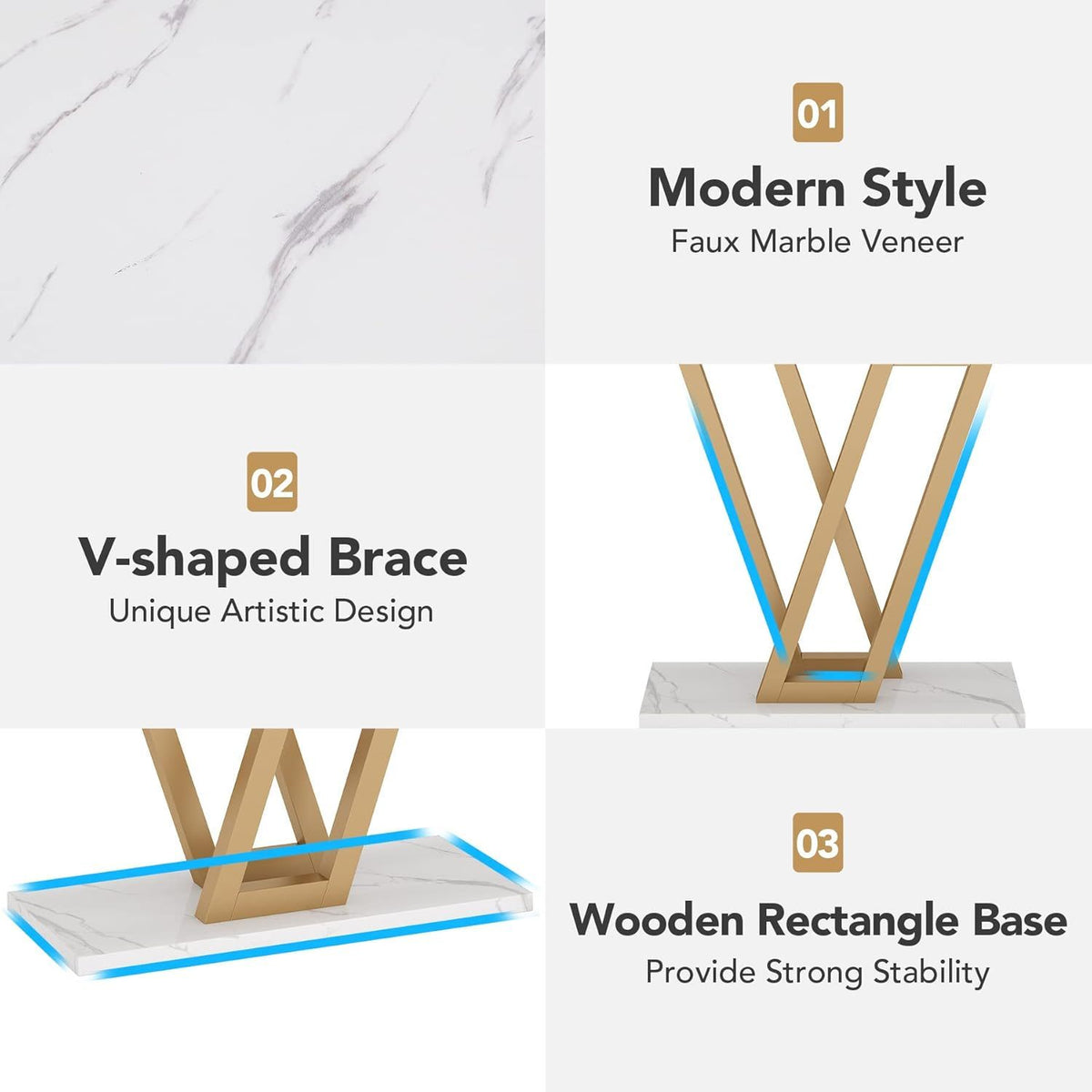 White Console Table with V Leg Frame - Gold