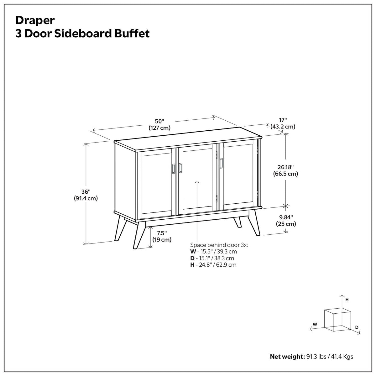 Brown 3 Door Sideboard Buffet with Adjustable Shelves - Teak Finish