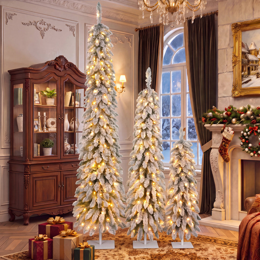 Snow Flocked Pre-Lit Pencil Christmas Tree with Warm LED Lights - White