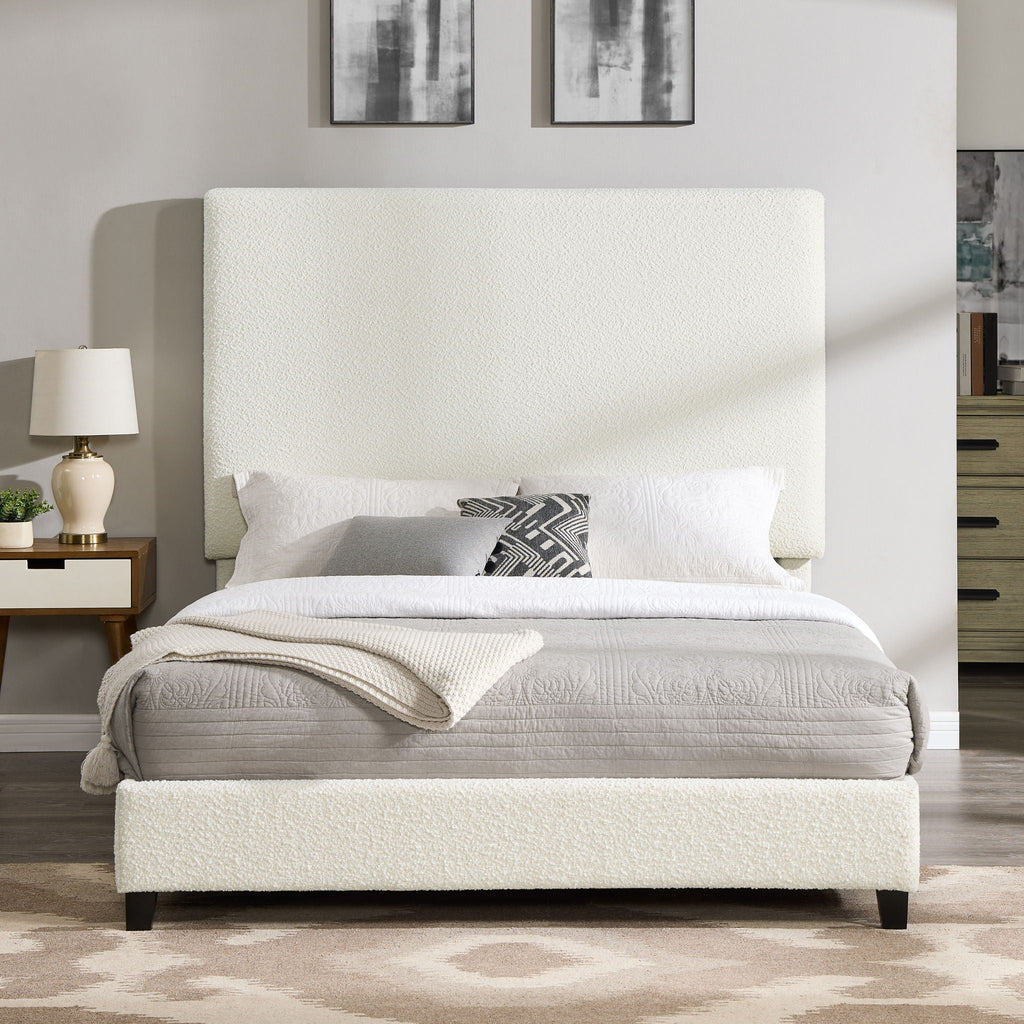 Queen Upholstered Headboard Platform Bed with Solid Wood Frame - White
