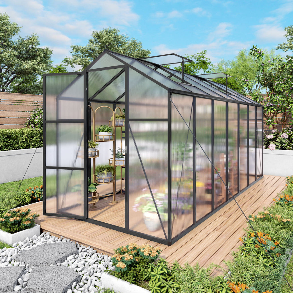 Windproof Greenhouse with Raised Base - Polycarbonate Panels - Black
