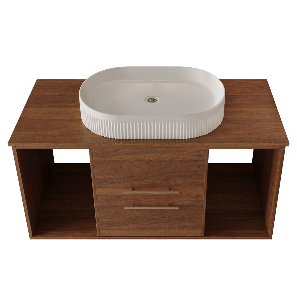 Wall-Mounted Bathroom Vanity with Ceramic Sink - Solid Wood, Floating Design