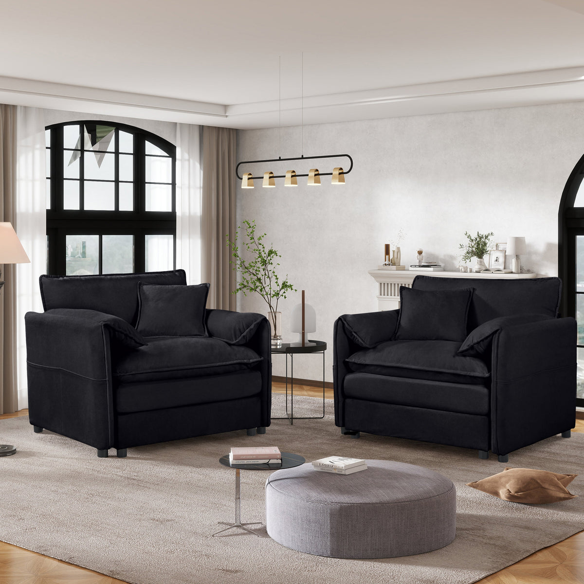 Oversized Chenille Accent Chair Set of 2 with Plush Cotton Upholstery - Neutral