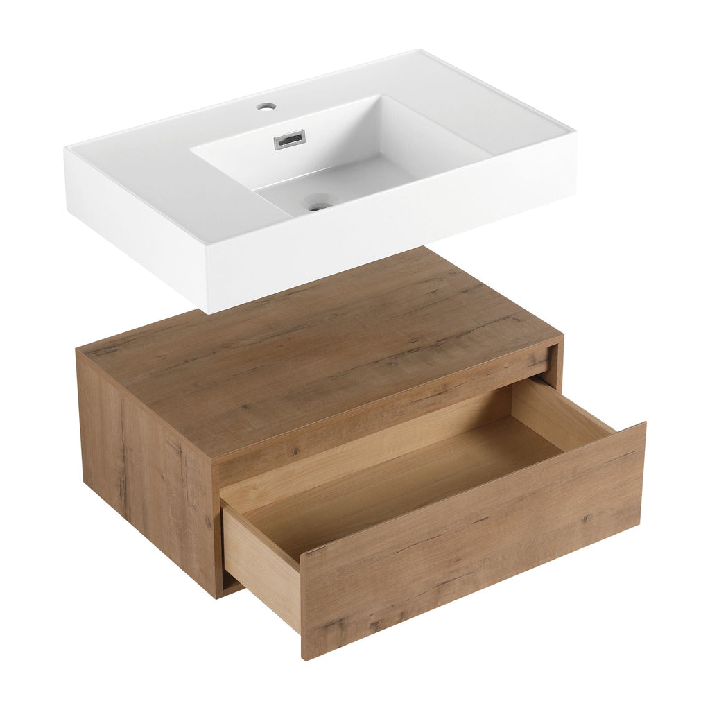 Wall Mounted Bathroom Vanity with Resin Sink and Soft Close Drawer - Imitative Oak