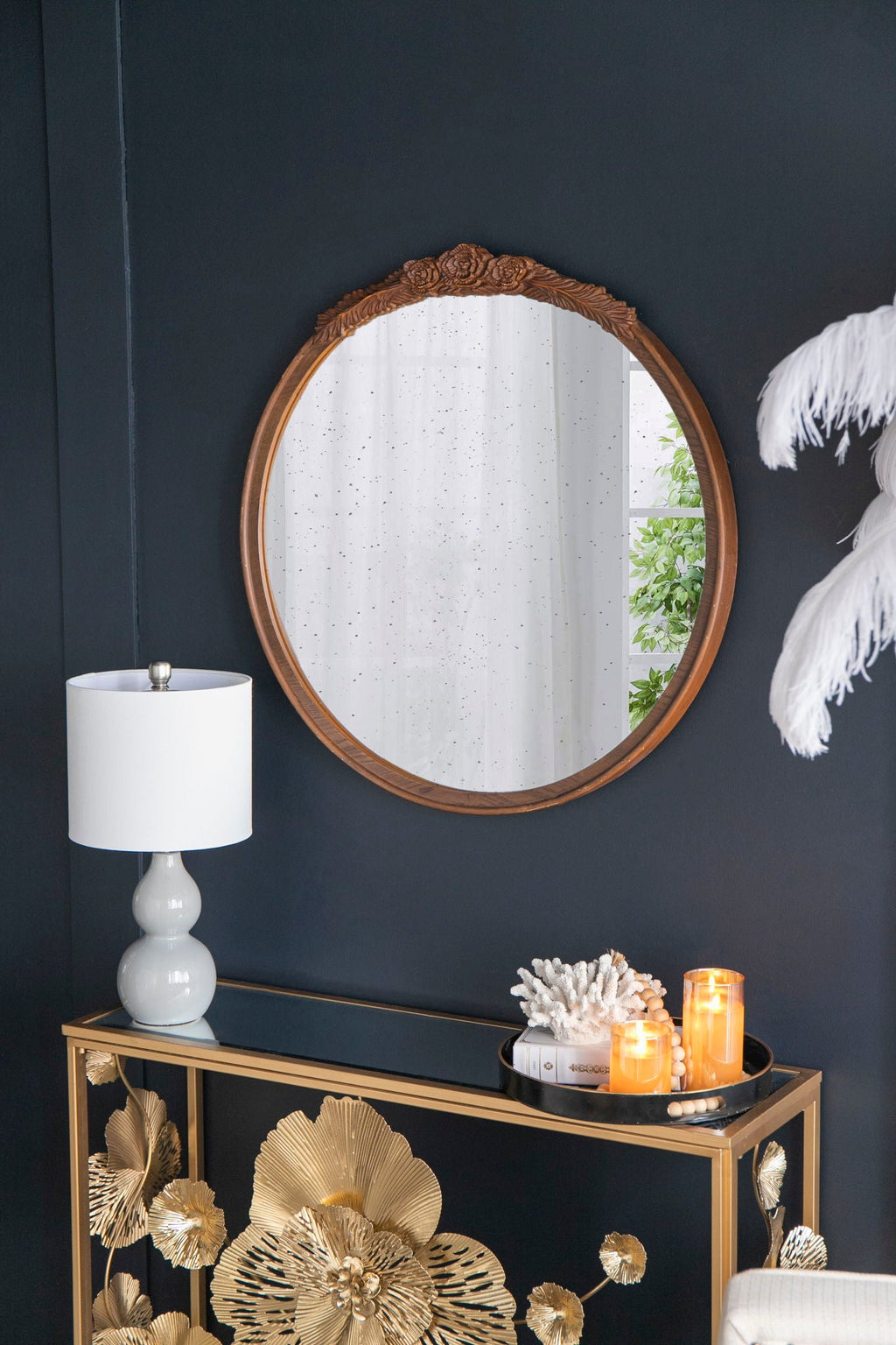 Round Hand Carved Rose Antique Wall Mirror with Intricate Detailing - Light Brown or Black