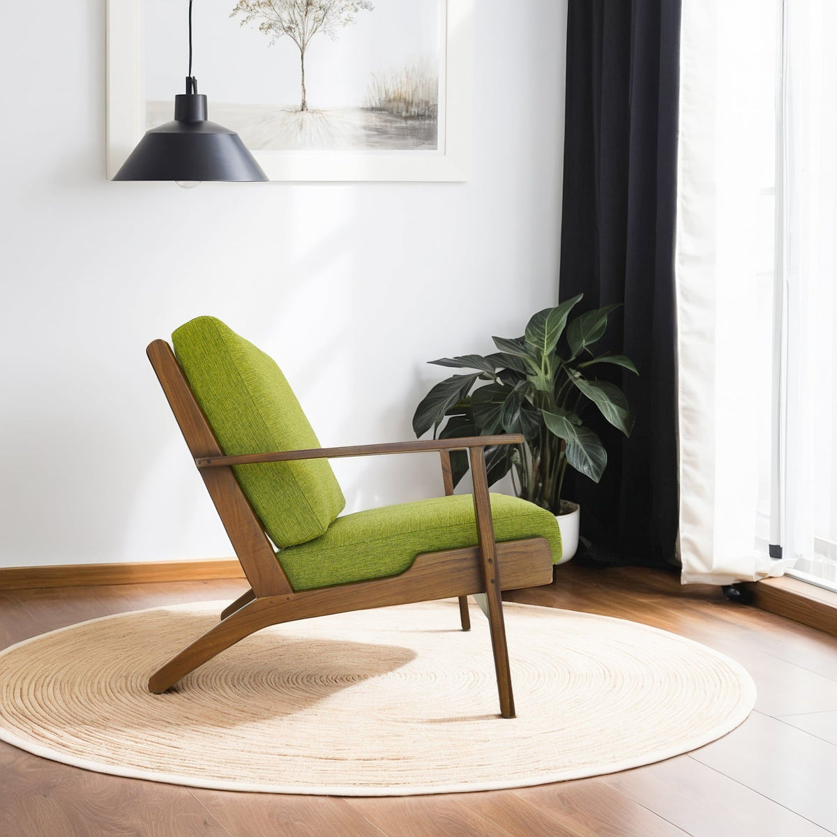 Genuine Lounge Chair with Solid Wood Frame - Beige, Green, Light Blue