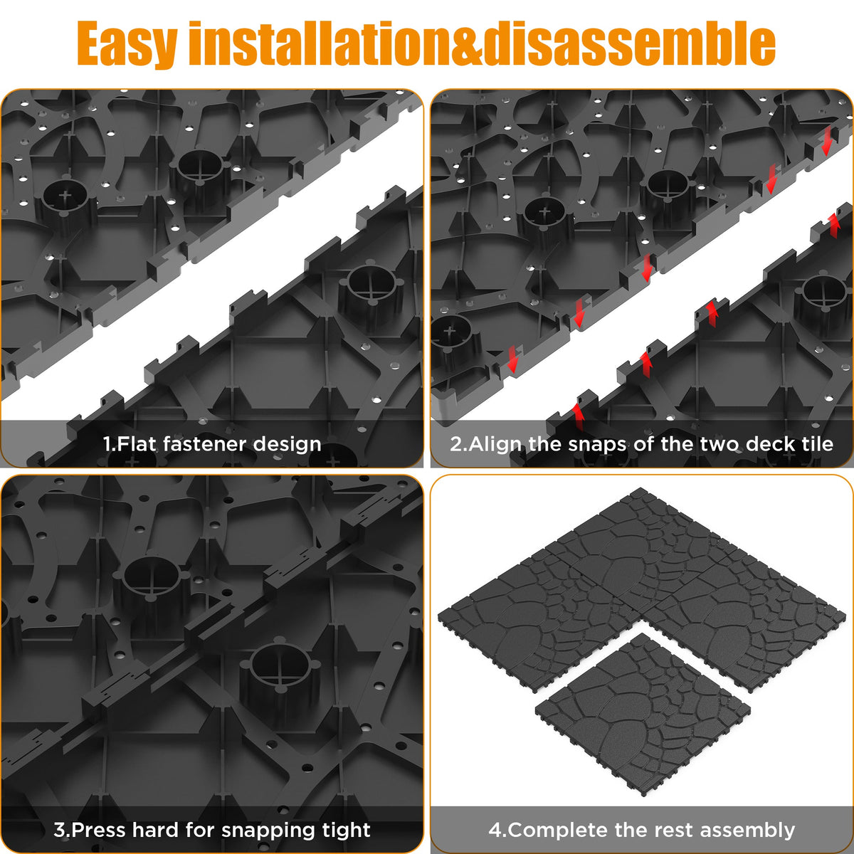 Stone Texture 12" Patio Deck Tiles with Interlocking Design - Polypropylene, 44 pcs