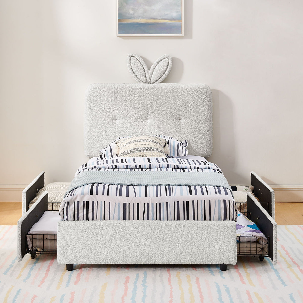 Upholstered Storage Bed with Oversized Rabbit Ear Headboard & LED Lights - Beige or Light Blue