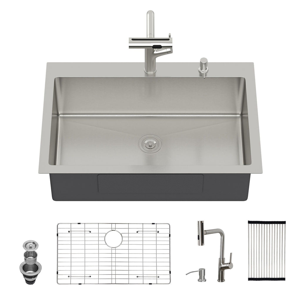 Brushed Nickel Drop-In Kitchen Sink with Pull-Out Faucet and Soap Dispenser - Gray