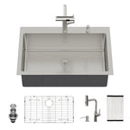 Brushed Nickel Drop-In Kitchen Sink with Pull-Out Faucet and Soap Dispenser - Gray